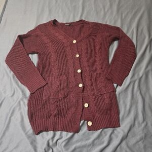Aster Sweater Womens Medium Burgundy Cardigan Cable Knit Button Front Trendy